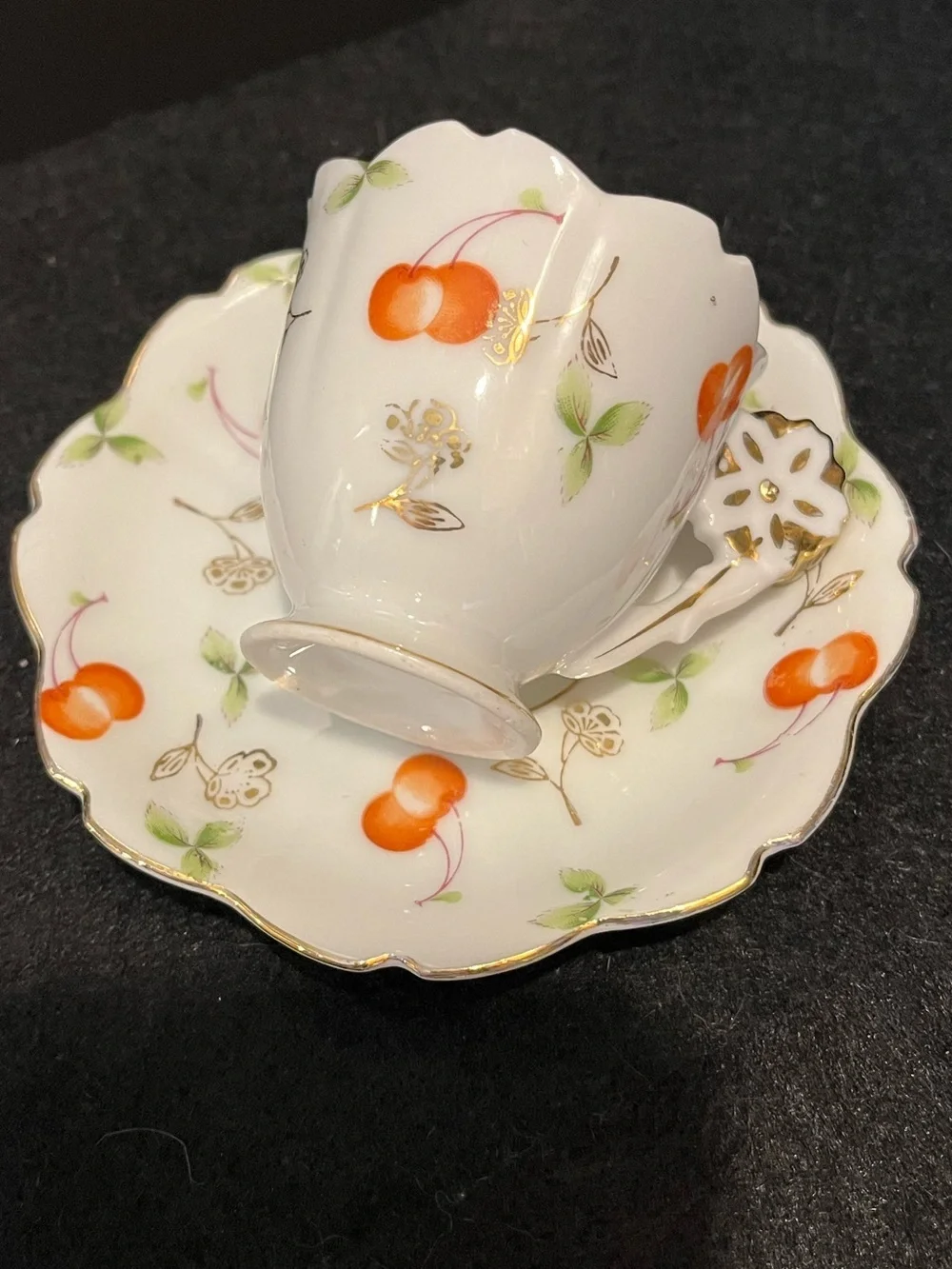 VTG Ucagco Demitasse Cup & Saucer with Cherry Motif & Gold Trim Made Occ. Japan
